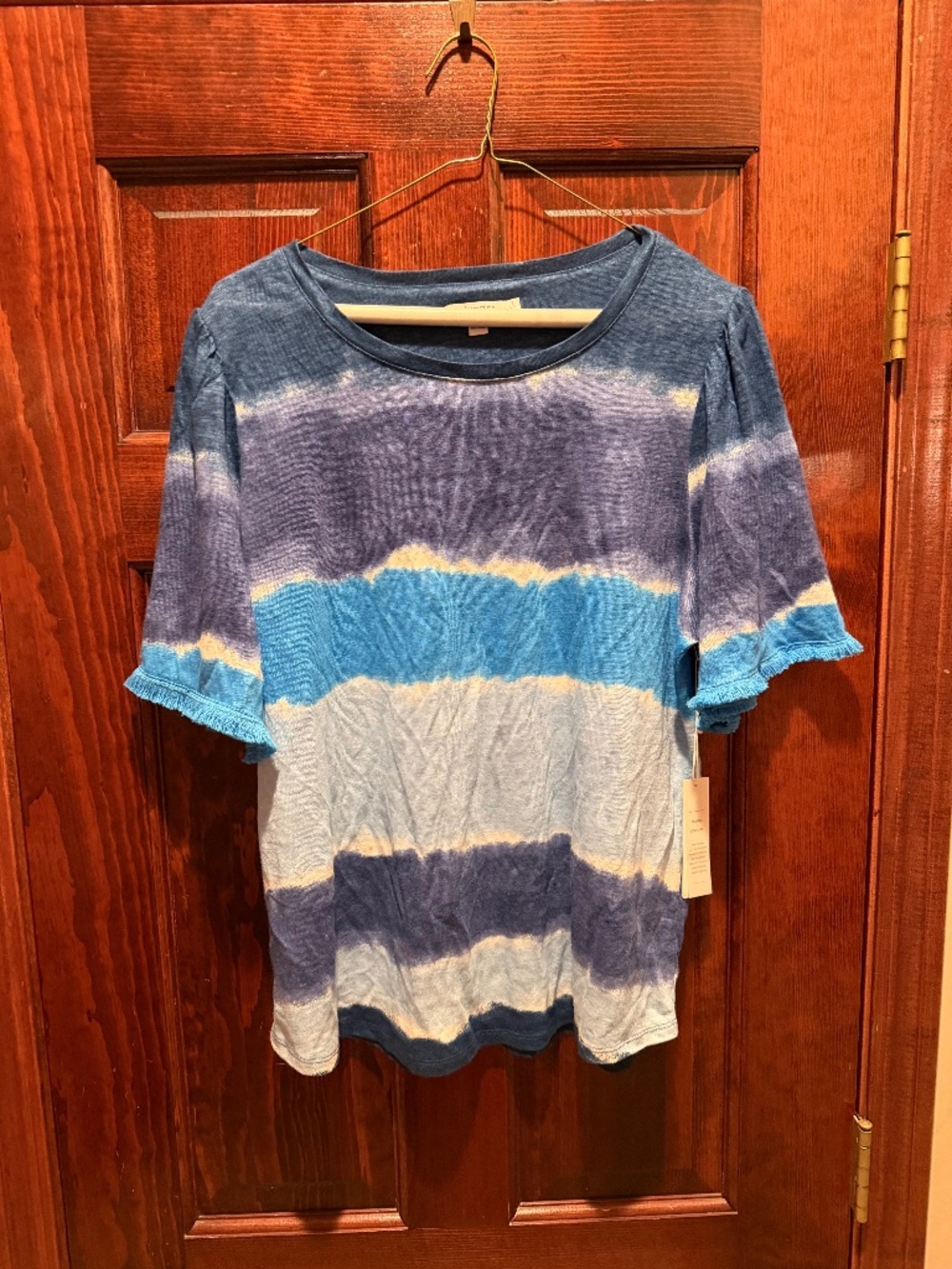 NWT Chico's Sz 2 (L) Linen Cotton Tie Dyed fringed arm short sleeve t-shirt - Picture 2 of 7